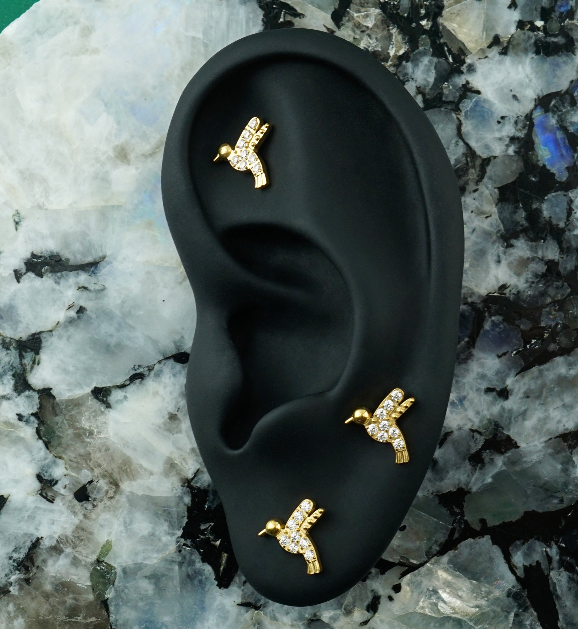 Gold PVD Hummingbird Clear CZ Titanium Threadless Top