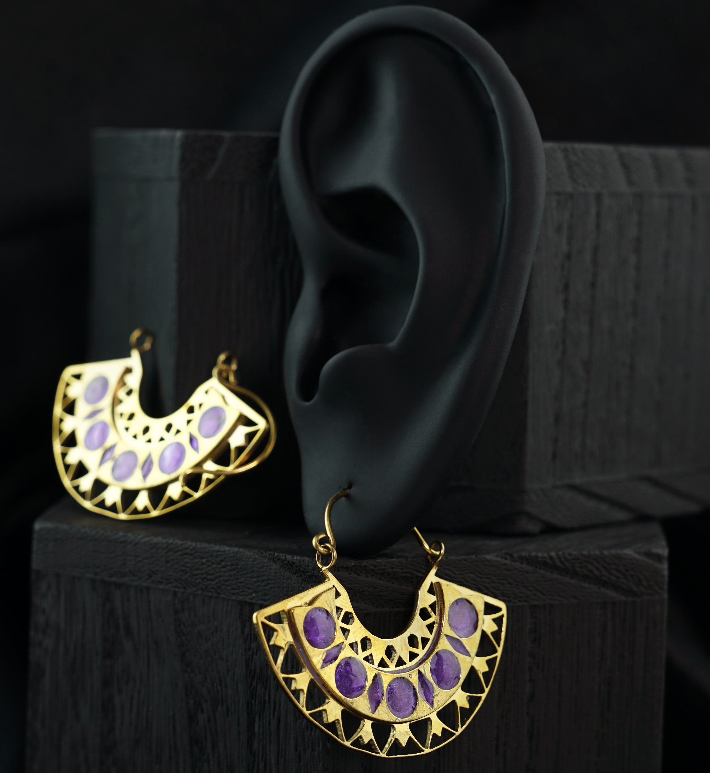 Gold PVD Insignia Purple Epoxy Stainless Steel Earrings