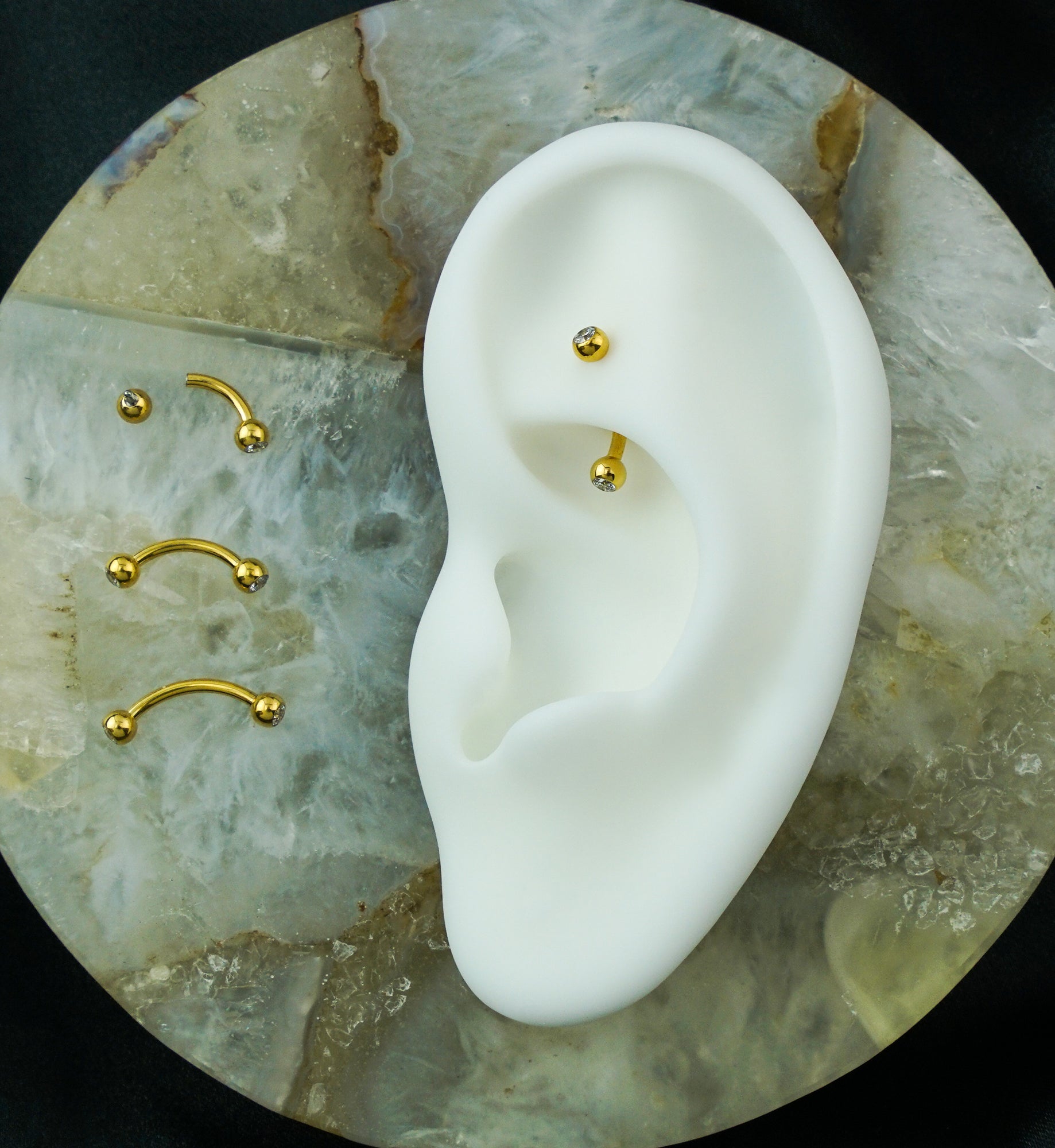 Gold PVD Internally Threaded Titanium Double CZ Curved Barbell