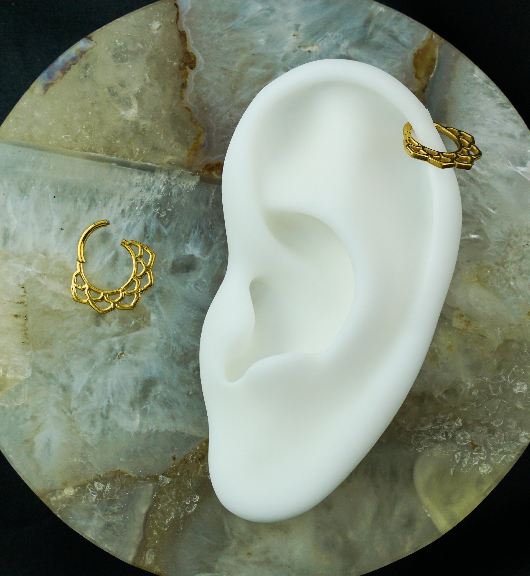 Gold PVD Lattice Lotus Flower Stainless Steel Hinged Segment Ring