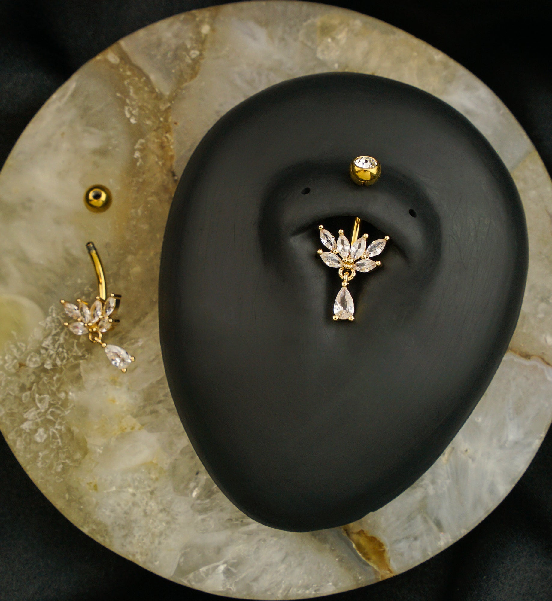 Gold PVD Laurel Clear CZ Teardrop Dangle Titanium Belly Button Ring