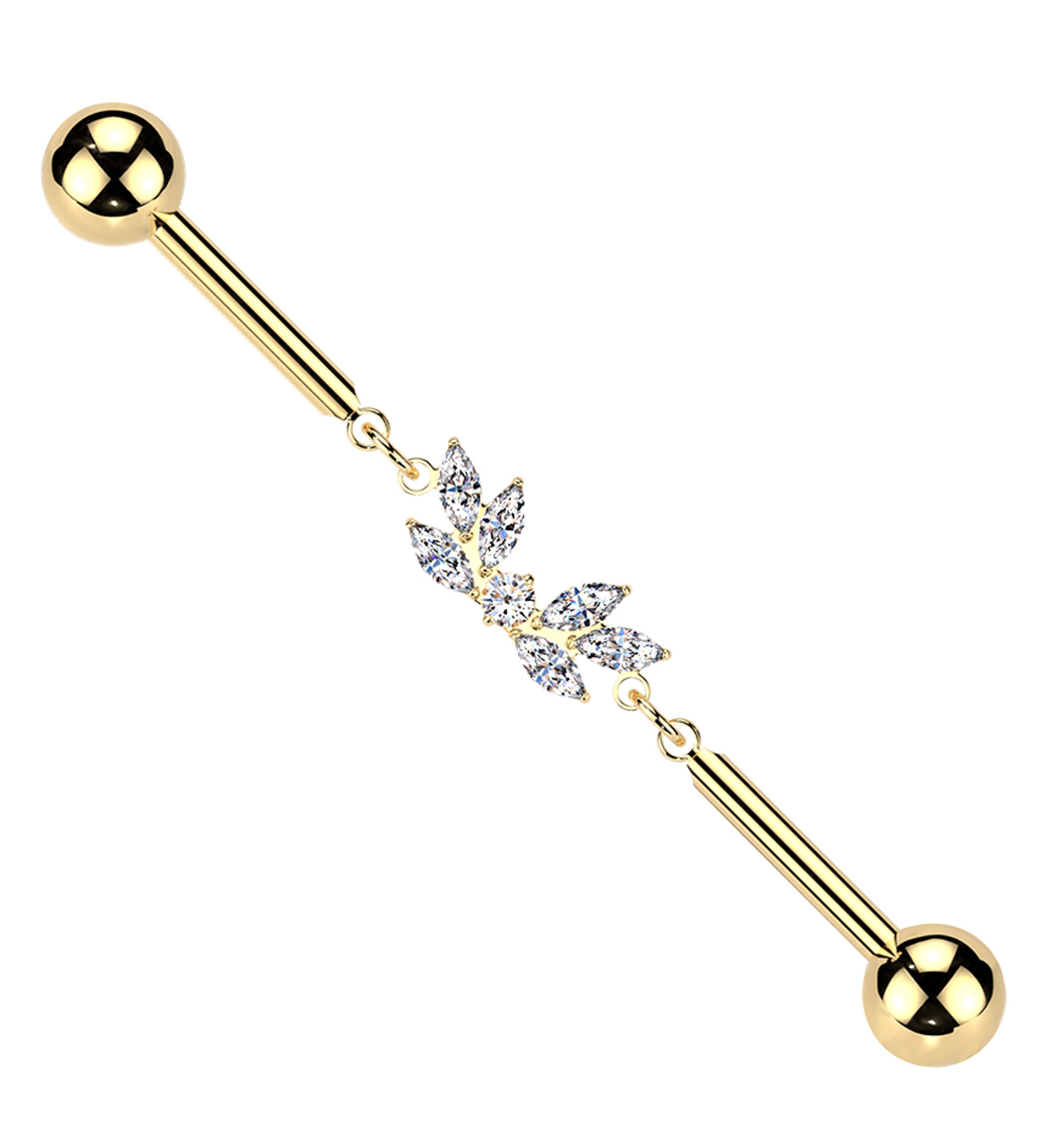 Gold PVD Laurel Dangle Clear CZ Internally Threaded Titanium Industrial Barbell