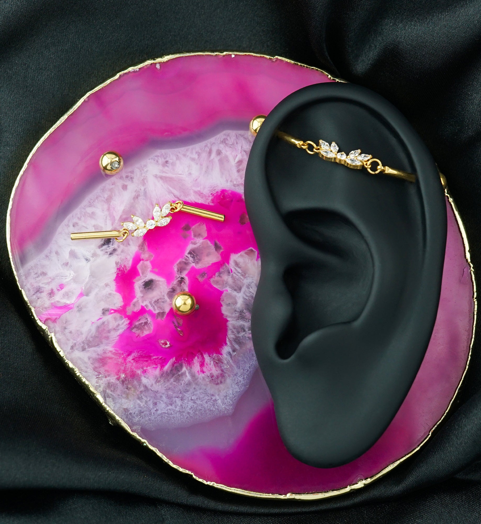 Gold PVD Laurel Dangle Clear CZ Internally Threaded Titanium Industrial Barbell