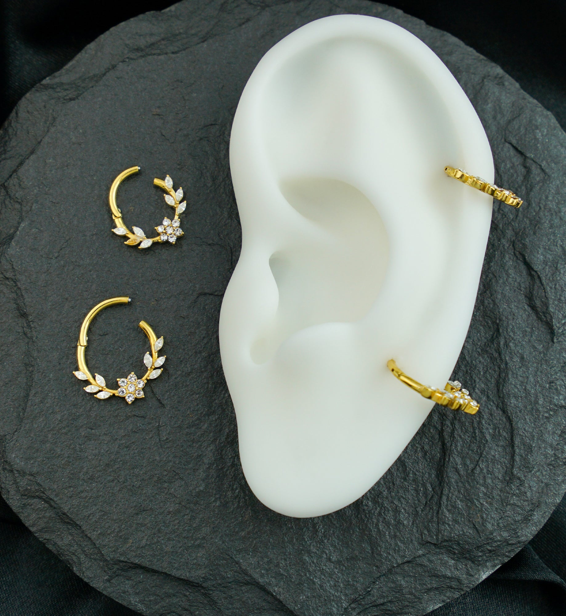 Gold PVD Laurel Flower Clear CZ Stainless Steel Hinged Segment Ring