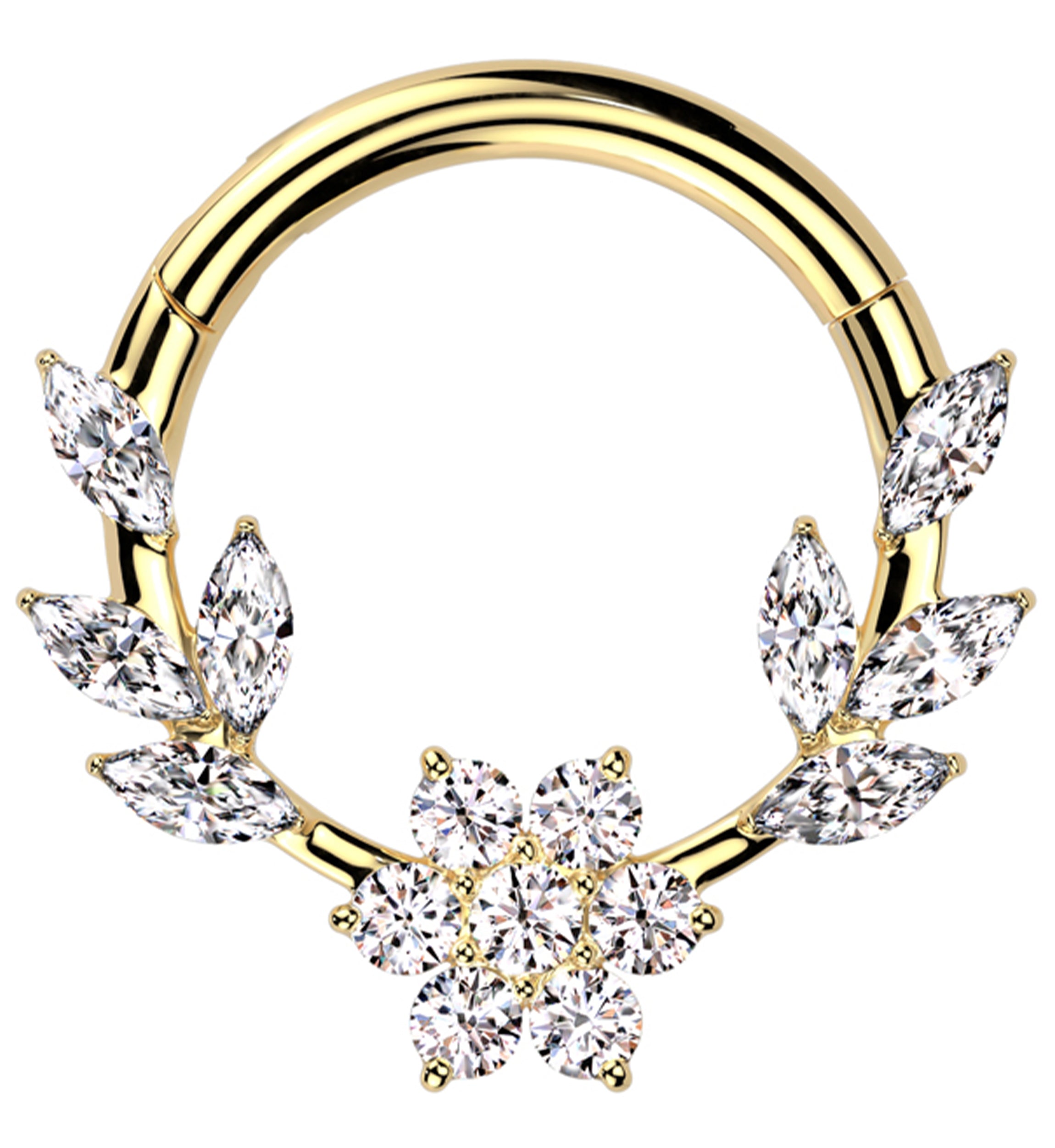 Gold PVD Laurel Flower Clear CZ Stainless Steel Hinged Segment Ring
