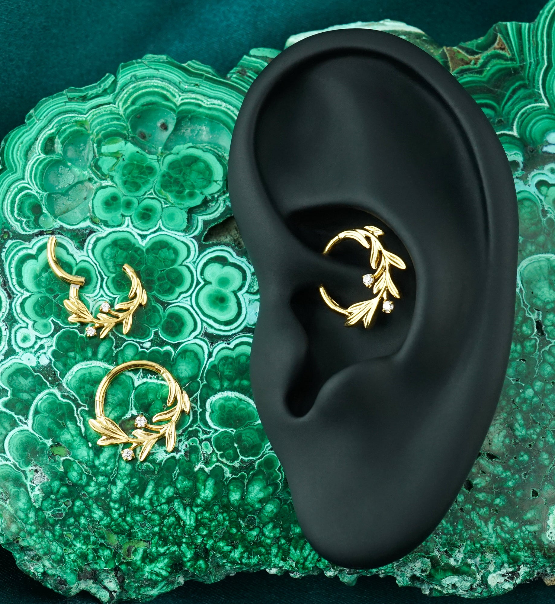 Gold PVD Laurel Olive Leaf Clear CZ Titanium Hinged Segment Ring