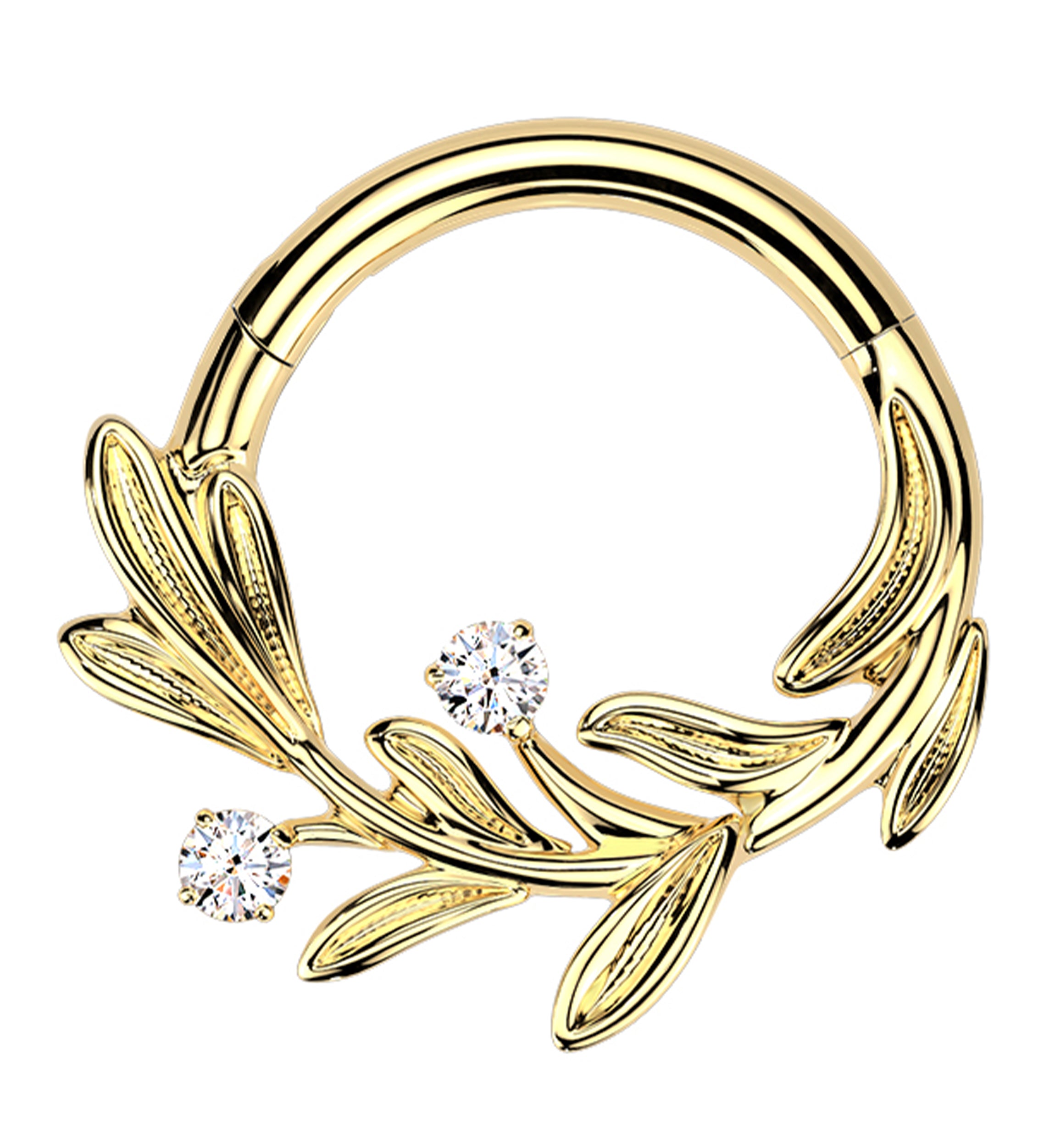 Gold PVD Laurel Olive Leaf Clear CZ Titanium Hinged Segment Ring
