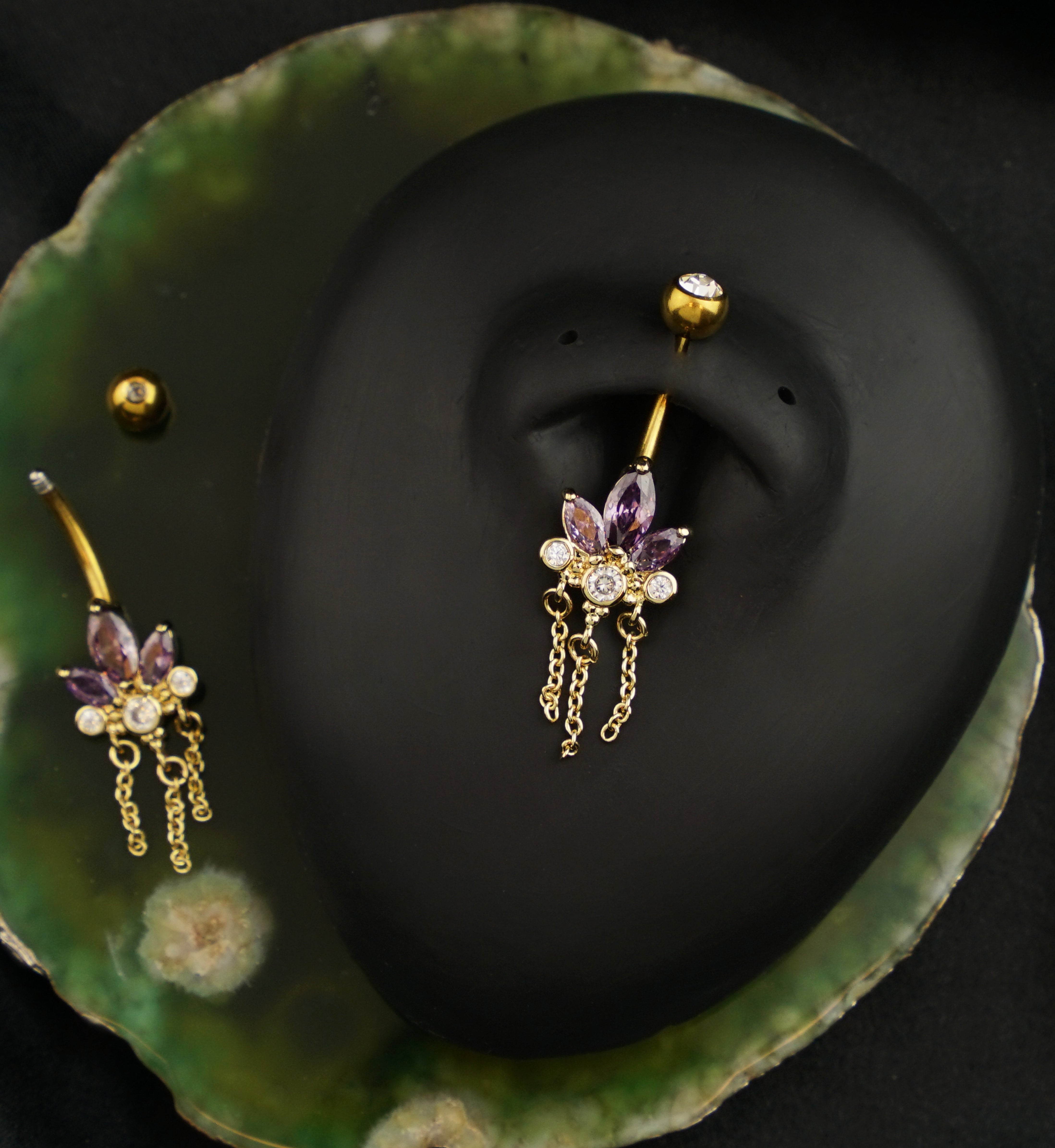 Gold PVD Lotus Flower Amethyst CZ Triple Chain Dangle Stainless Steel Belly Button Ring