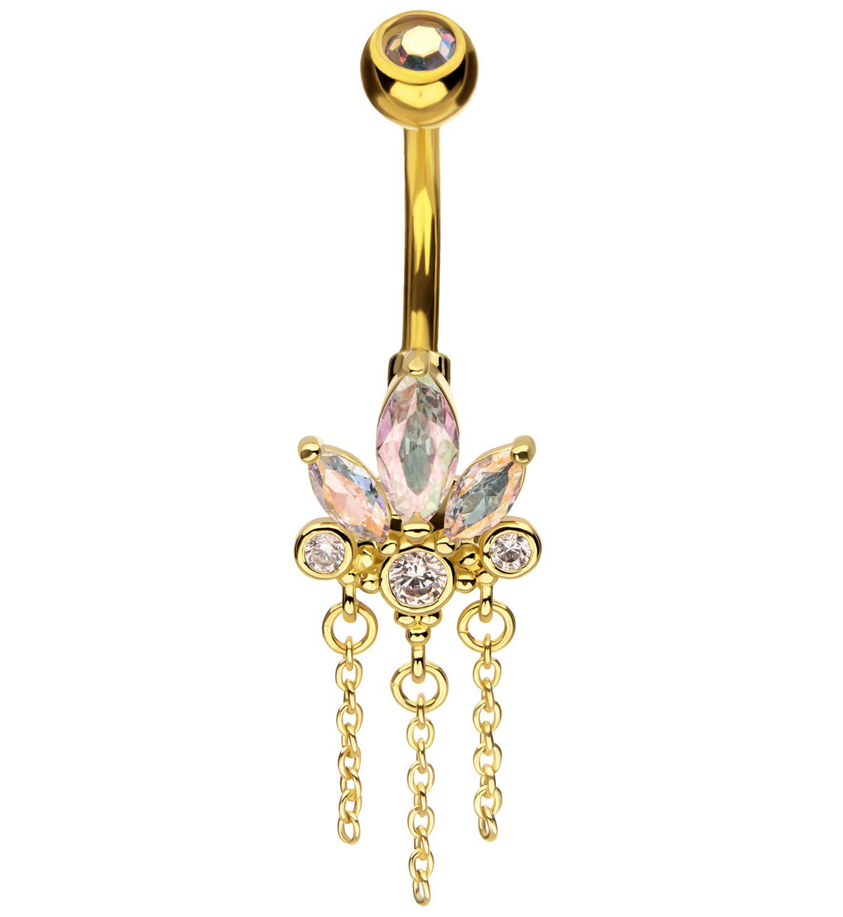 Locket Dangle Chain Gold PVD Lotus Flower Rainbow Aurora CZ Triple Chain Dangle Stainless