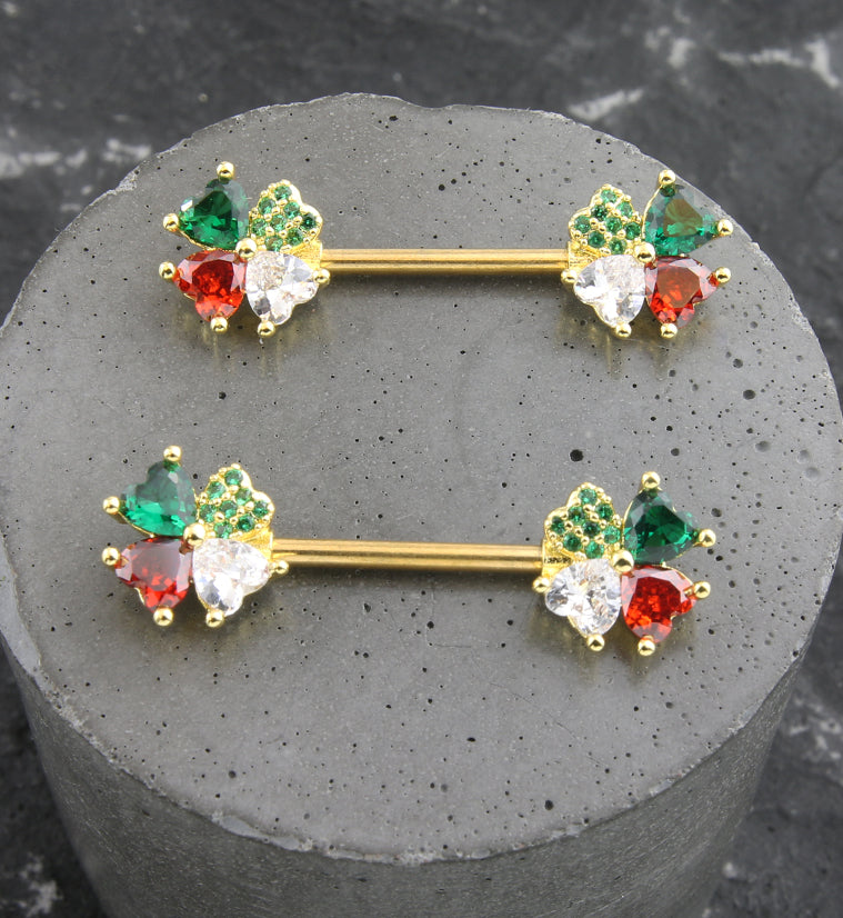 Gold PVD Lucky Clover Red And Green CZ Dangle Stainless Steel Nipple Barbell