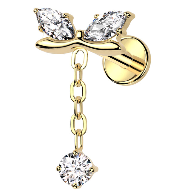 Gold PVD Marquise Bow Clear CZ Dangle Internally Threaded Titanium Labret Post