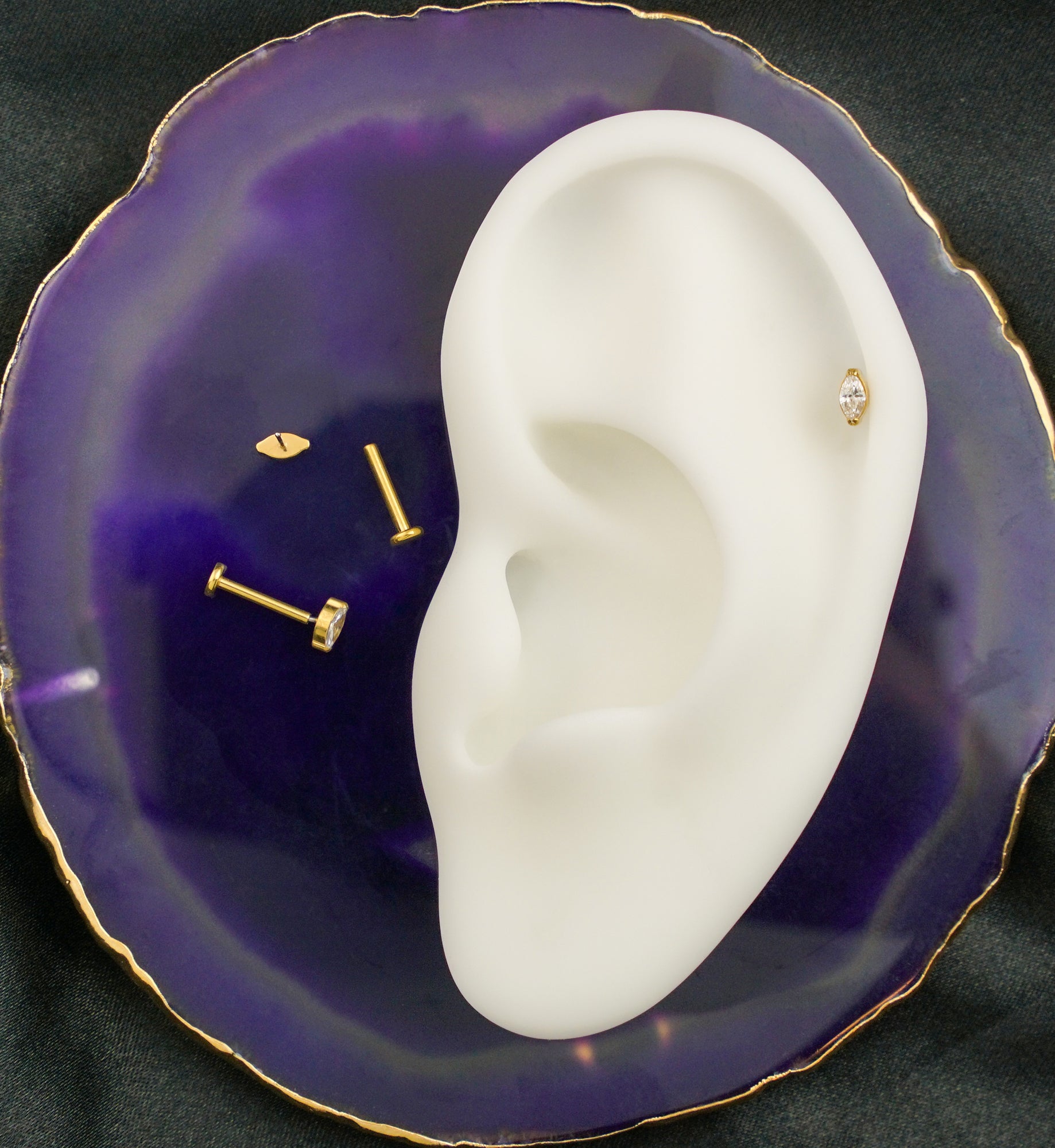 Gold PVD Marquise Clear CZ Flat Disk Threadless Labret