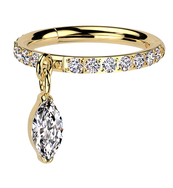 Gold PVD Side Facing Marquise Dangle Clear CZ Row Titanium Hinged Segment Ring