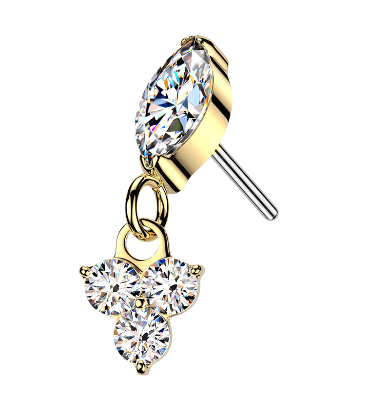 Gold PVD Marquise with Trio CZ Dangle Titanium Threadless Top