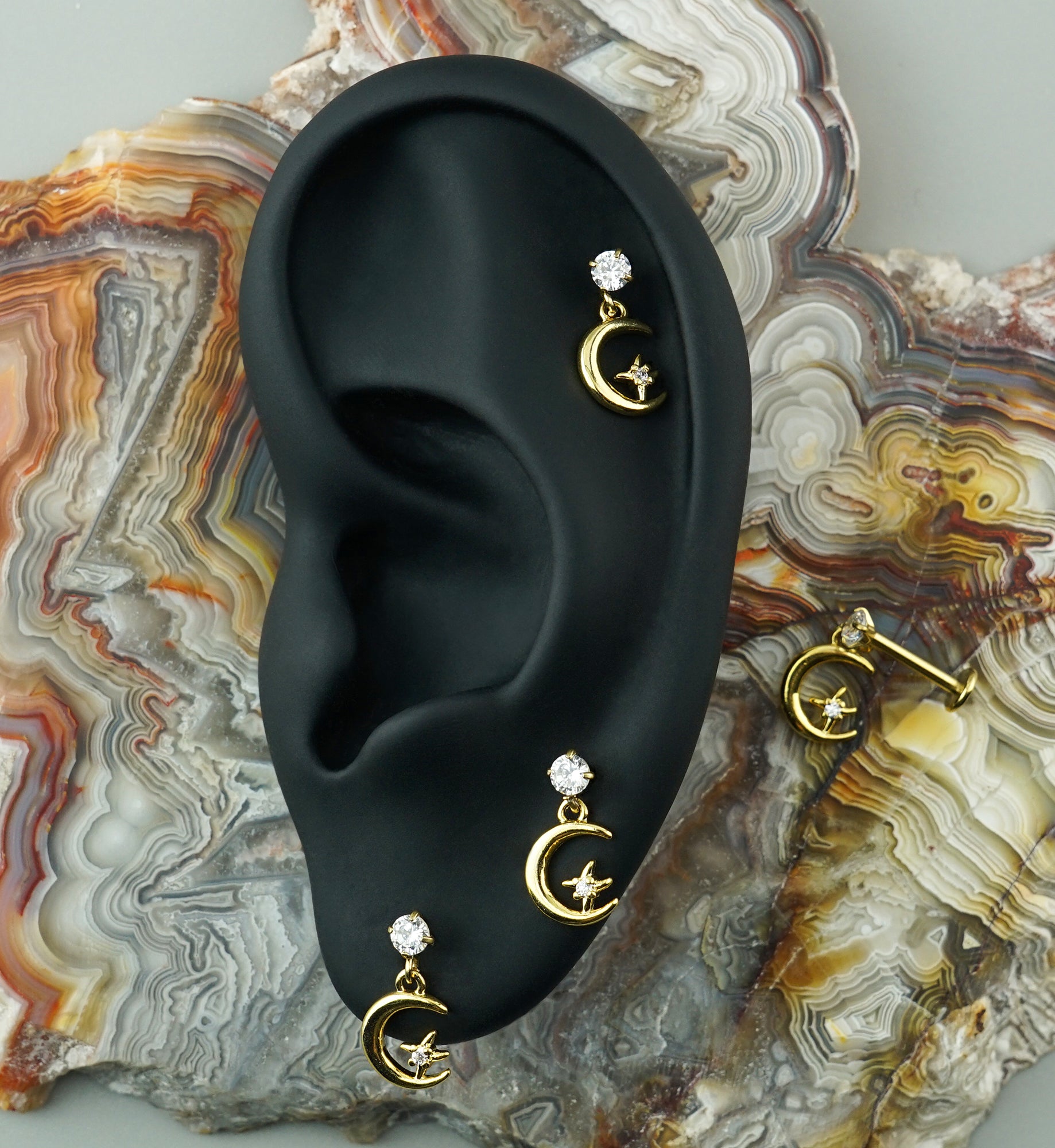 Gold PVD Midnight Phase Dangle CZ Stainless Steel Threadless Labret