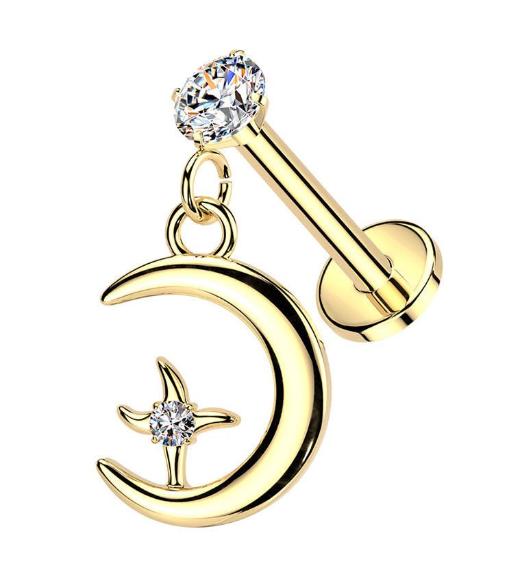 Gold PVD Midnight Phase Dangle CZ Stainless Steel Threadless Labret
