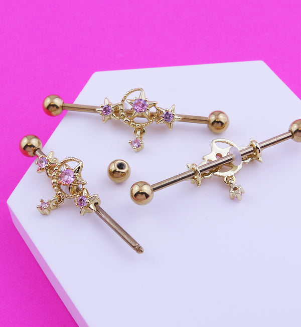 Gold PVD Moon and Stars Pink CZ Stainless Steel Industrial Barbell