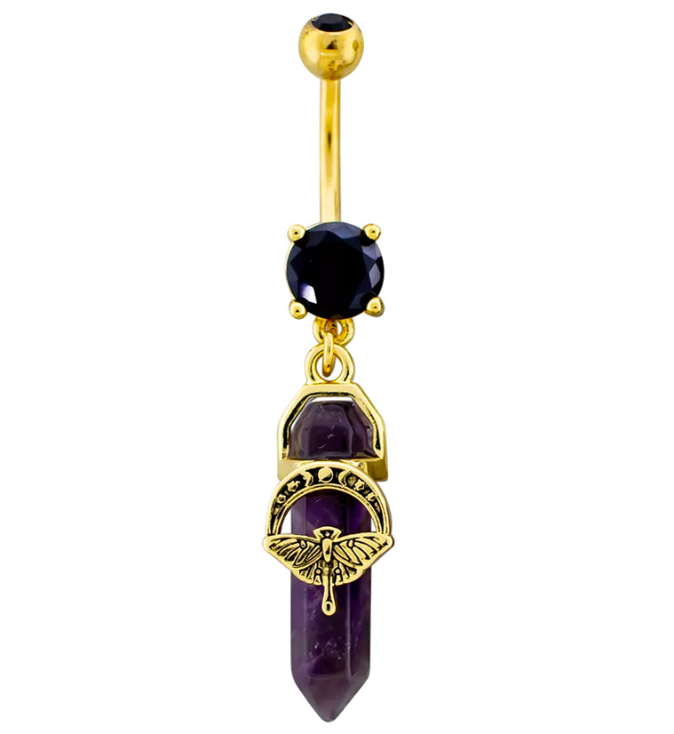 Gold PVD Moon Phase Moth Amethyst Crystal Dangle Stainless Steel Belly Button Ring