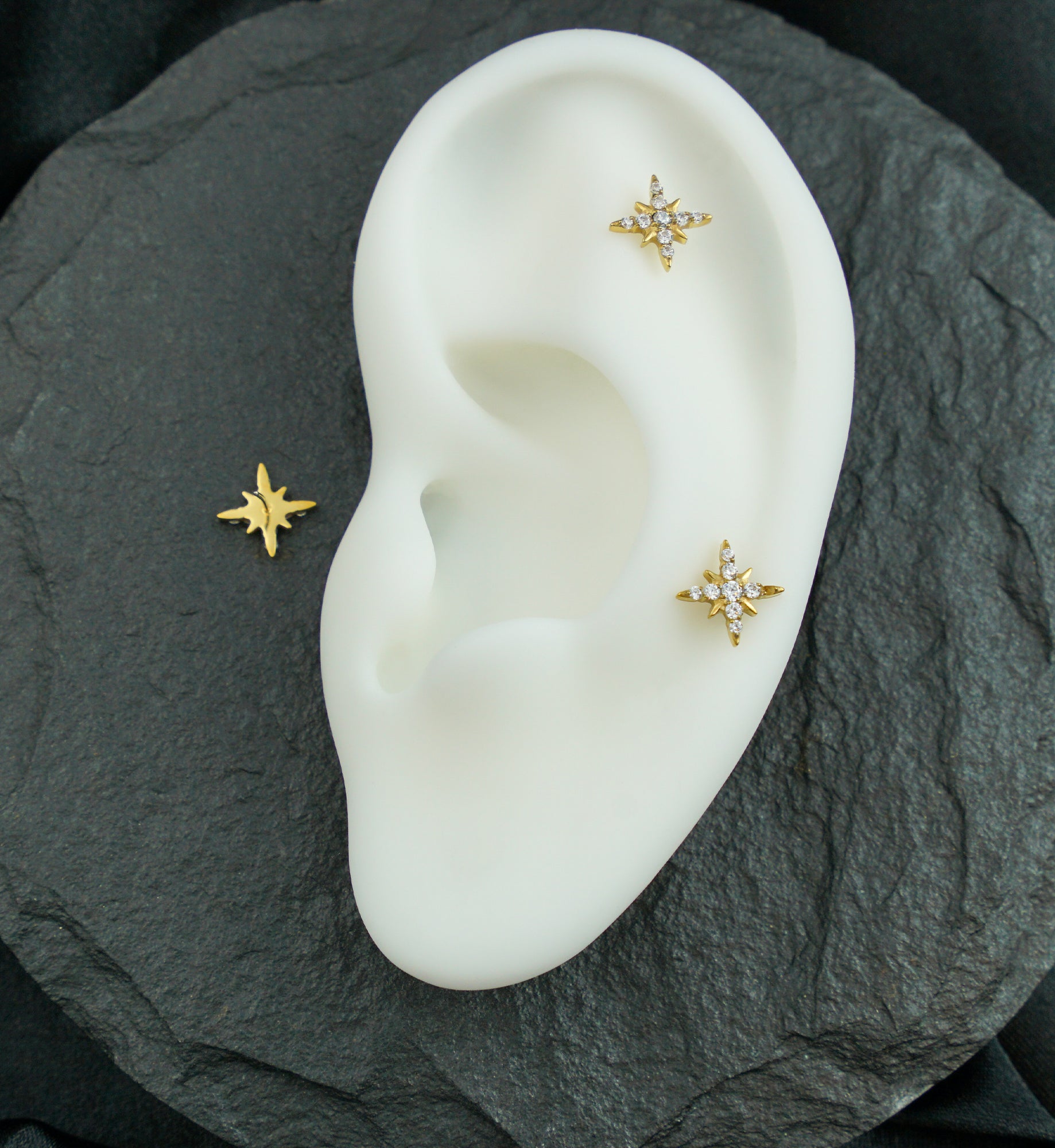 Gold PVD North Star Burst Clear CZ Titanium Threadless Top