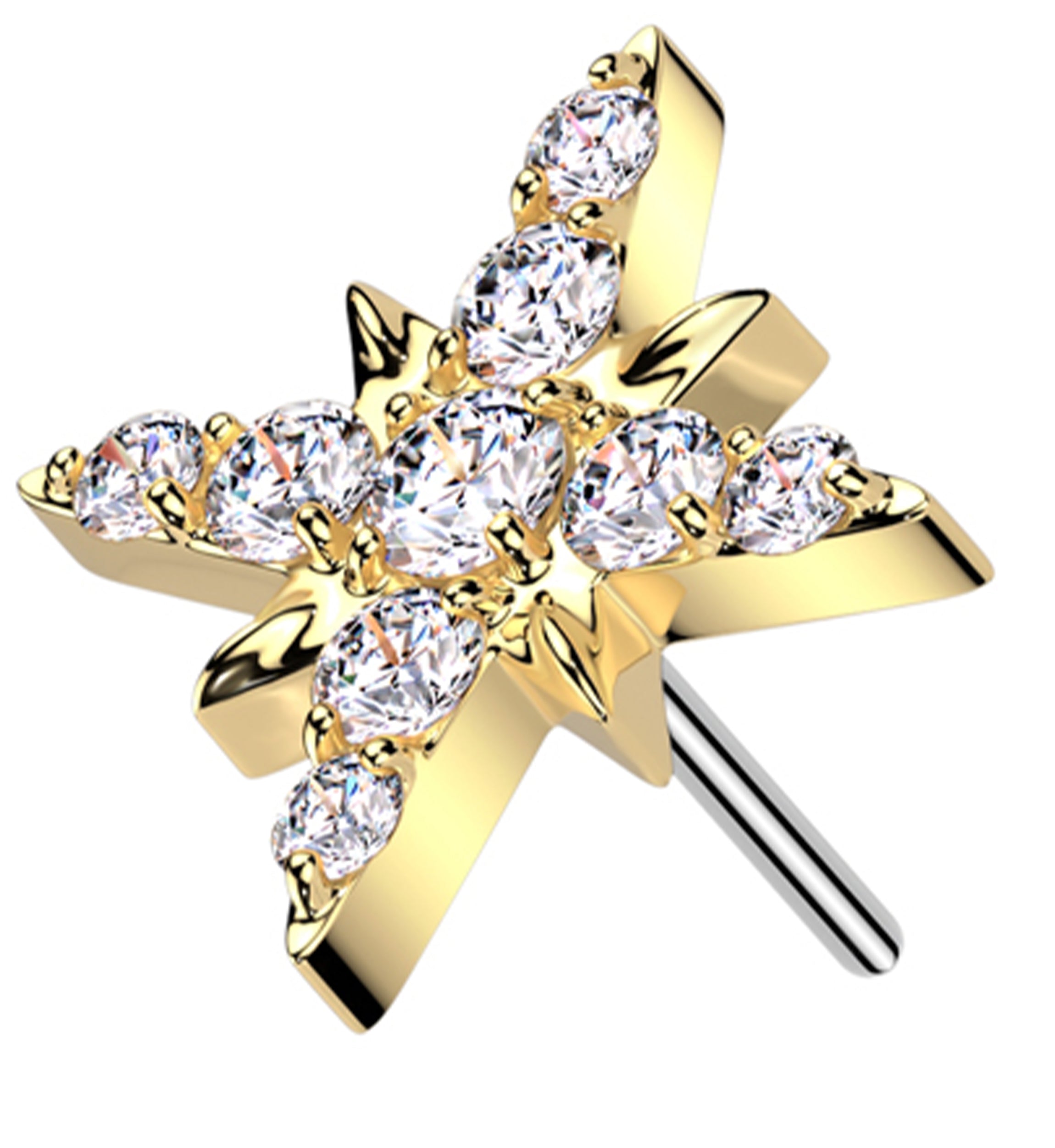 Gold PVD North Star Burst Clear CZ Titanium Threadless Top