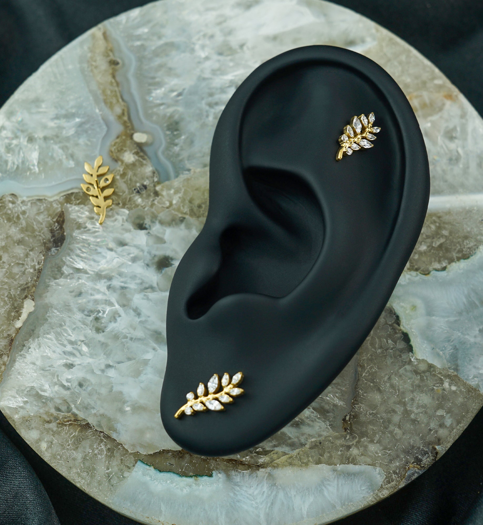 Gold PVD Olive Leaf Clear CZ Threadless Titanium Top