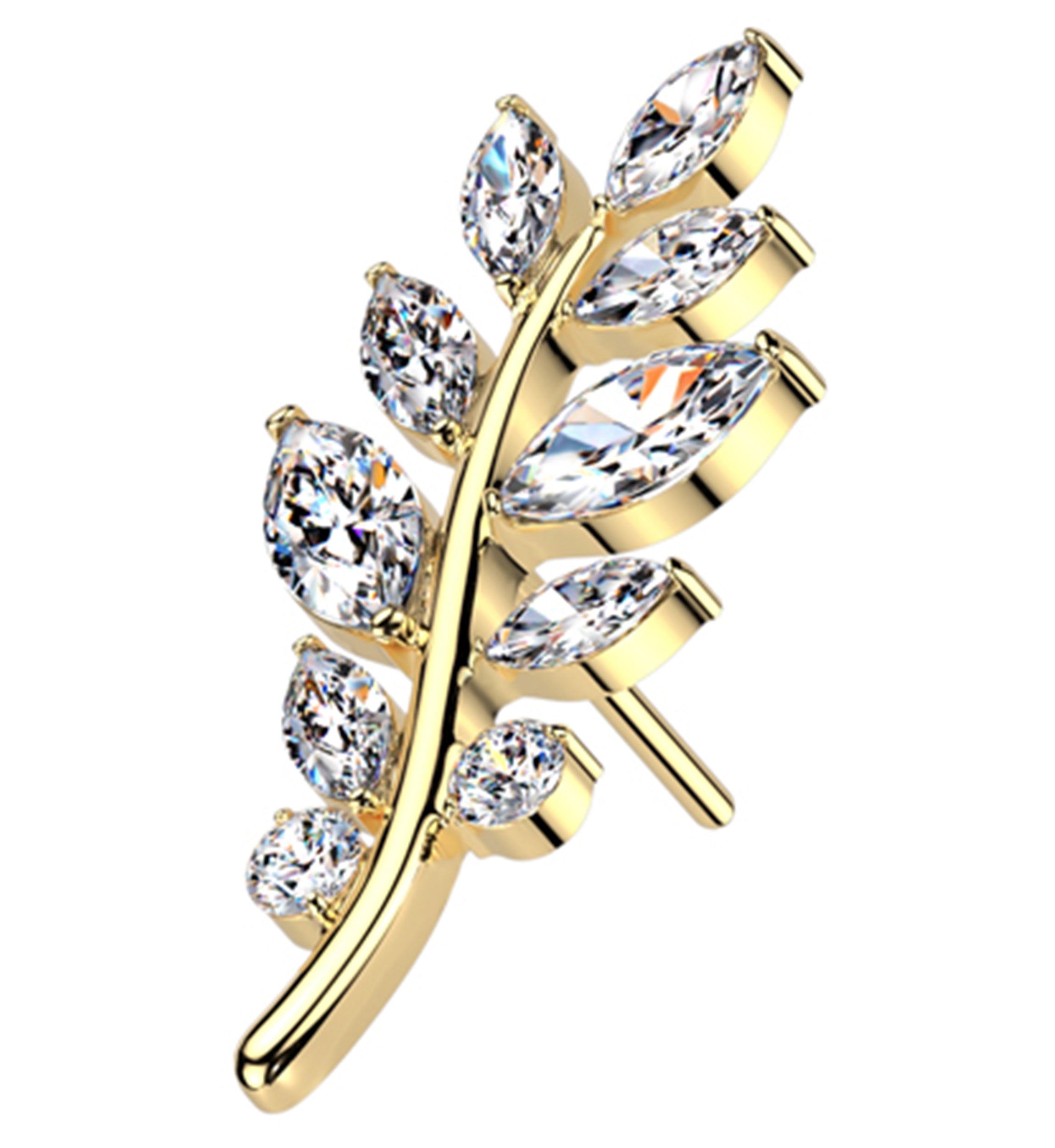 Gold PVD Olive Leaf Clear CZ Threadless Titanium Top