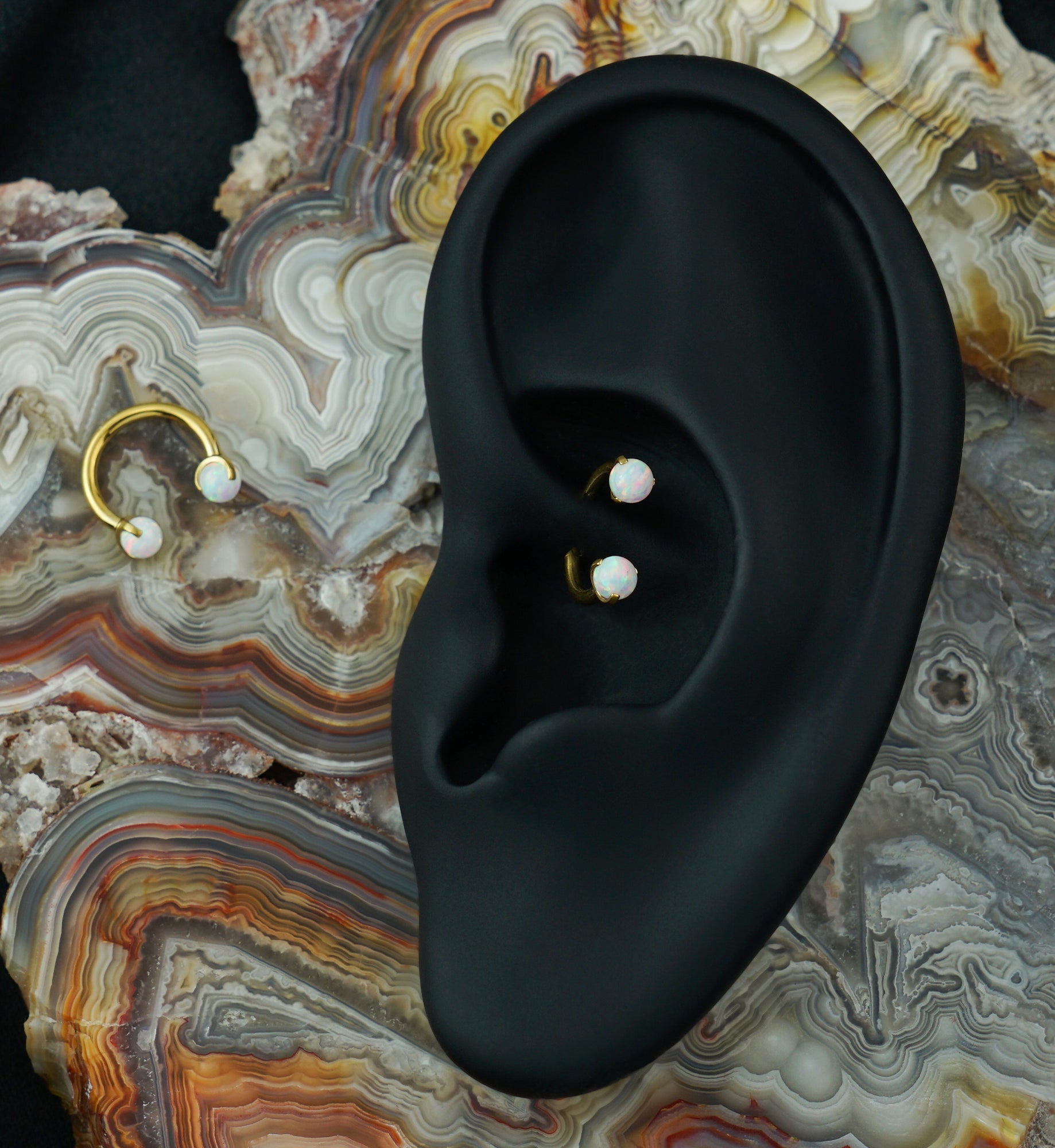 Gold PVD Opalite Claw Stainless Steel Circular Barbell