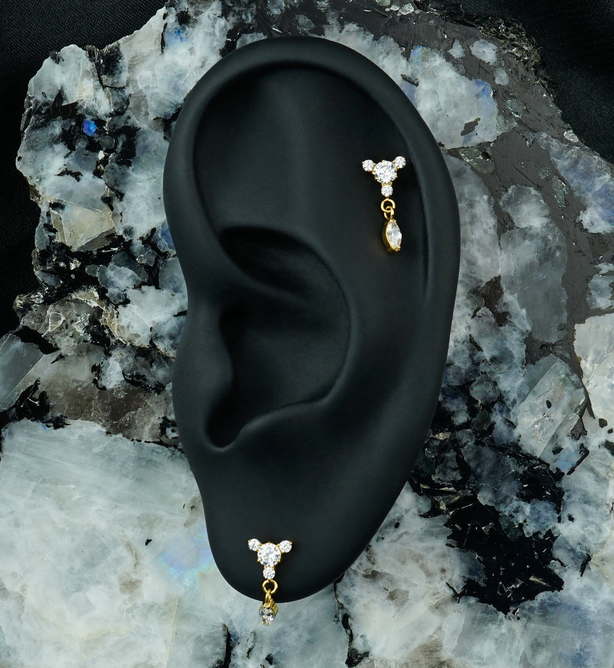 Gold PVD Orbit Trio Marquise CZ Dangle Titanium Threadless Top