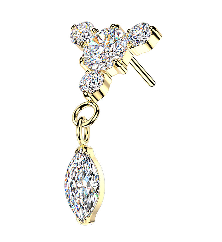 Gold PVD Orbit Trio Marquise CZ Dangle Titanium Threadless Top