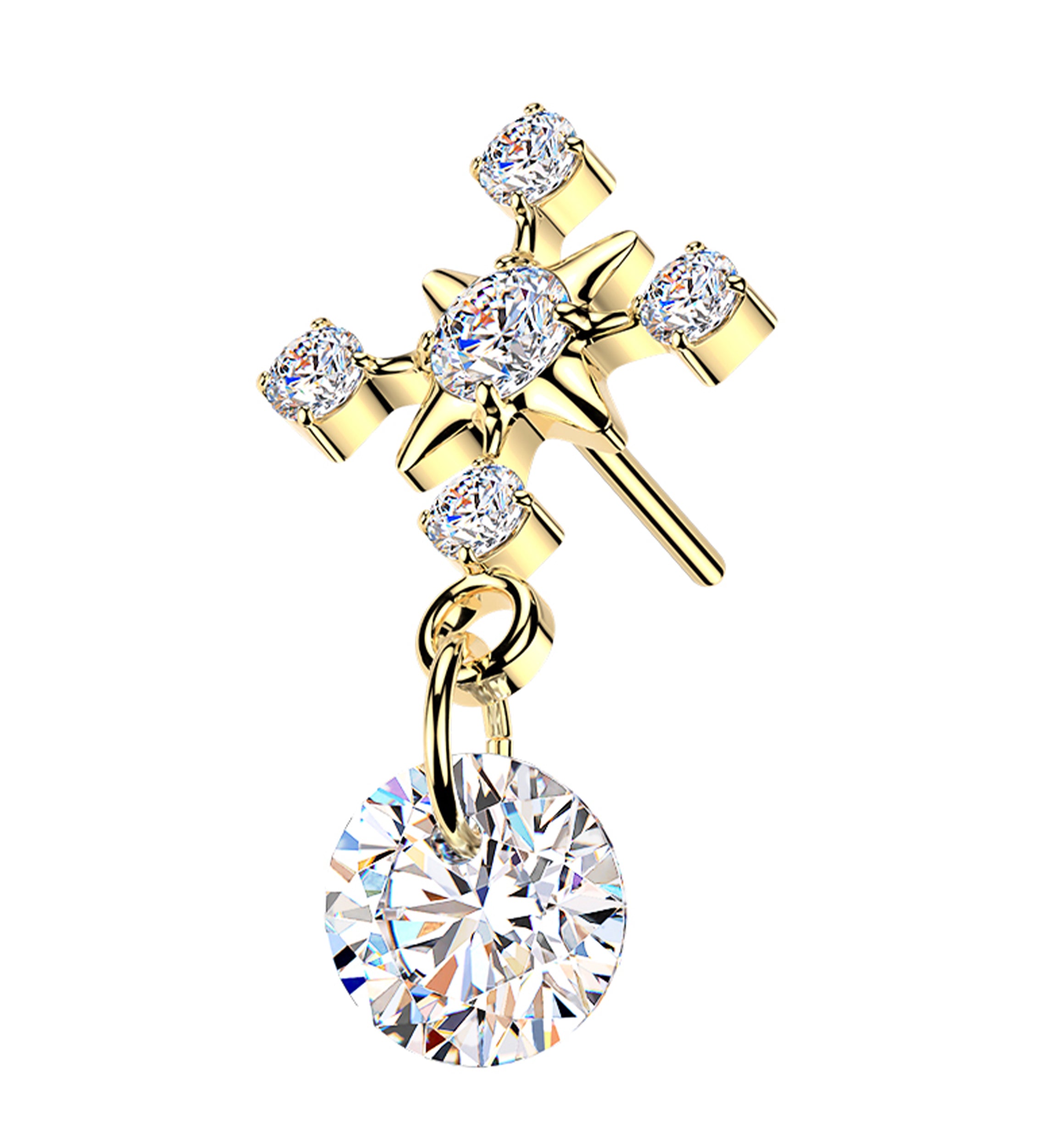 Gold PVD Ornamental Starburst Clear CZ Dangle Titanium Threadless Top