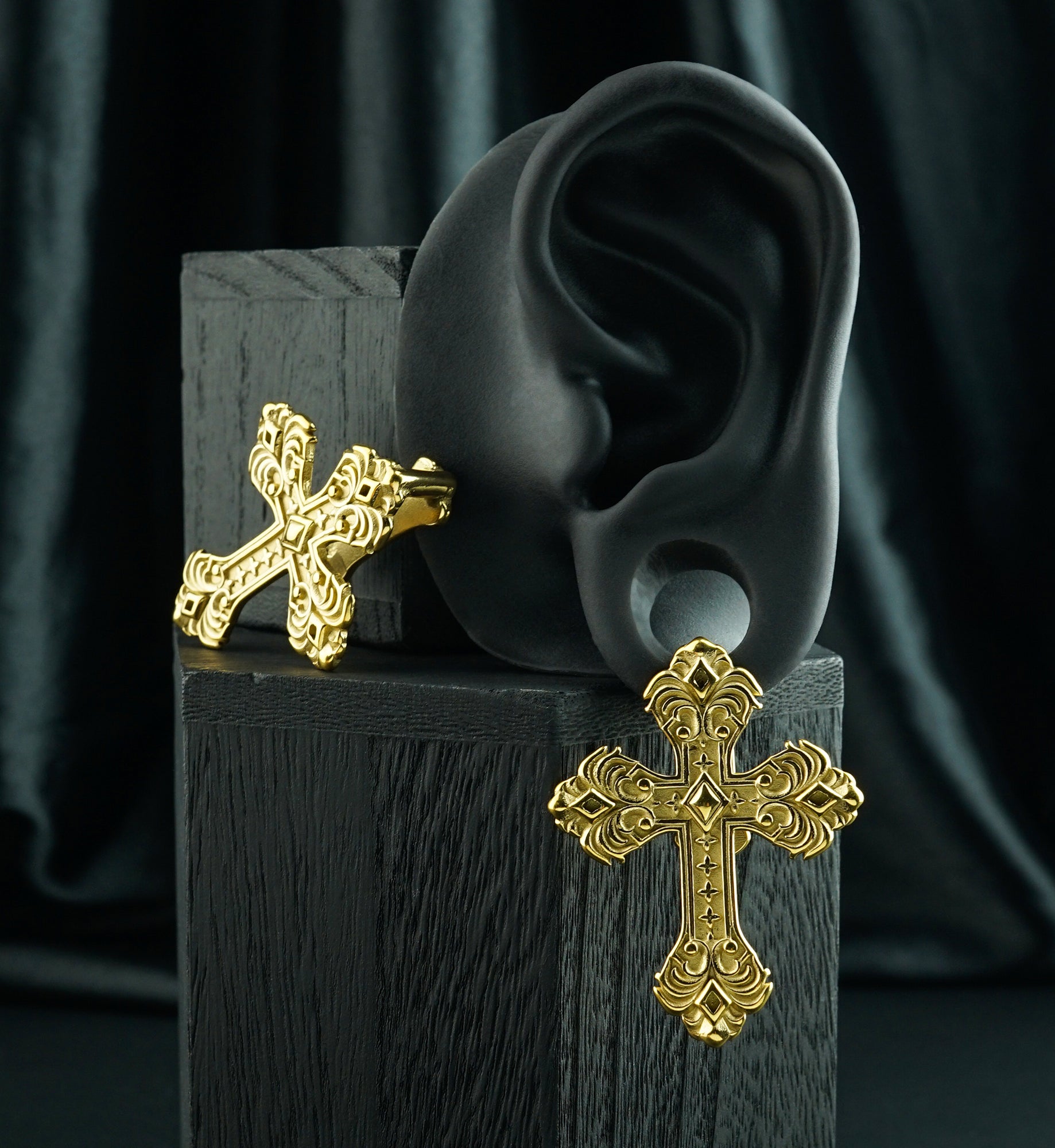 Gold PVD Ornate Cross Stainless Steel Ear Weights