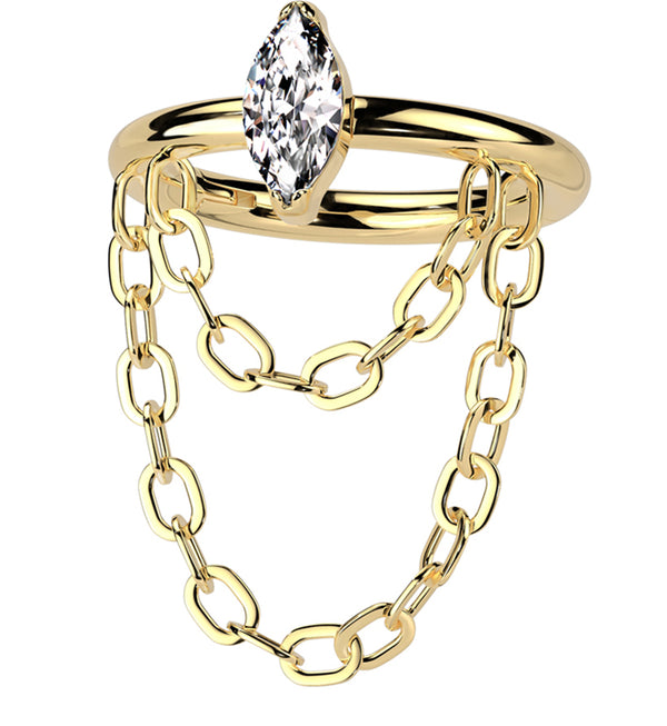 Gold PVD Outward Marquise CZ Double Dangle Chain Stainless Steel Hinged Segment Ring