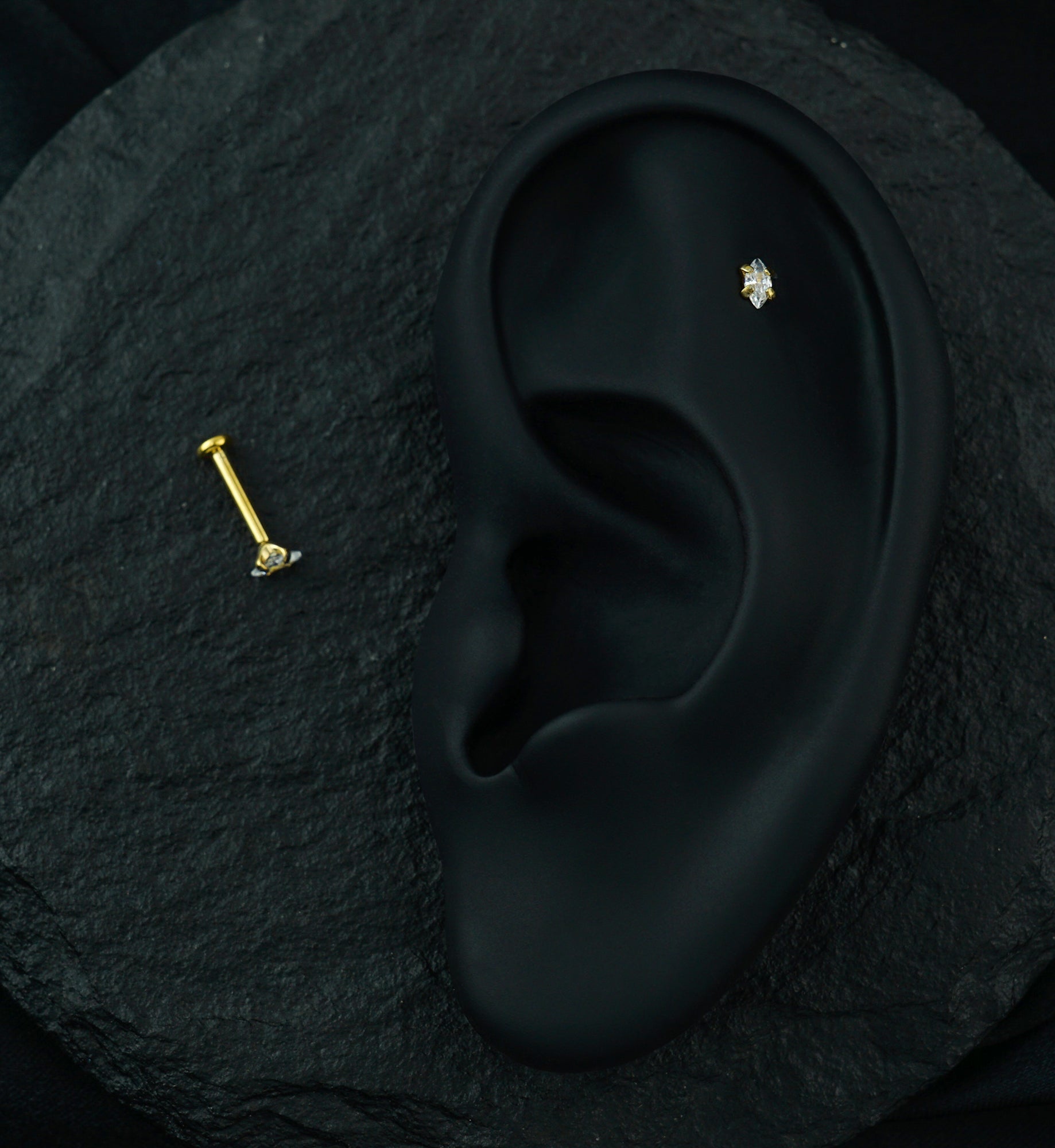 Gold PVD Oval CZ Prong Internally Threaded Labret