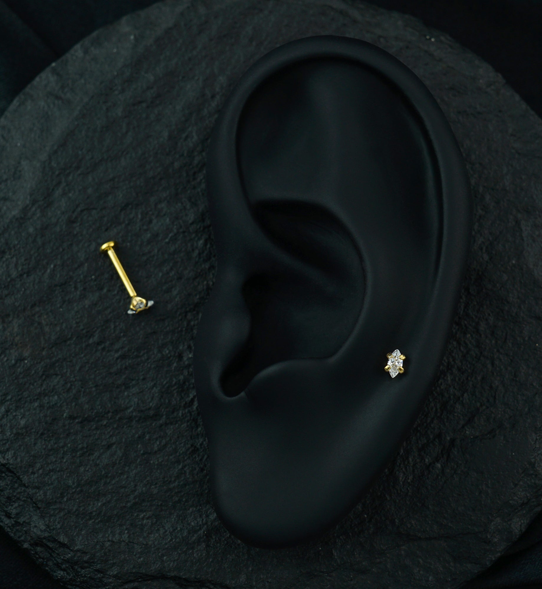 Gold PVD Oval CZ Prong Internally Threaded Labret