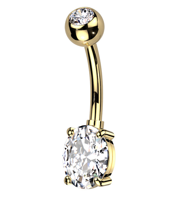 Gold PVD Oval Prong Clear CZ Titanium Belly Button Ring