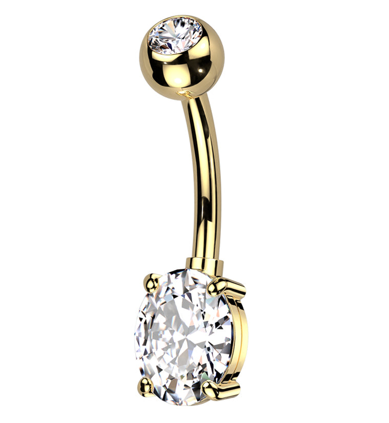 Gold PVD Oval Prong Clear CZ Titanium Belly Button Ring