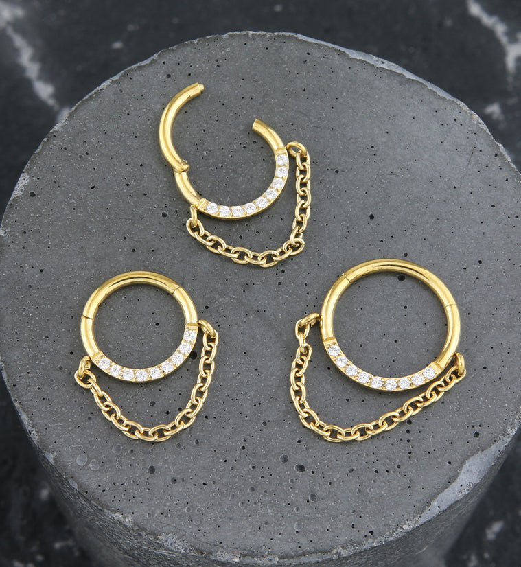 Gold PVD Pave Clear CZ Dangle Chain Stainless Steel Hinged Segment Ring