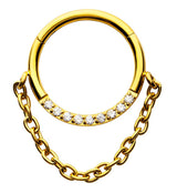 Gold PVD Pave Clear CZ Dangle Chain Stainless Steel Hinged Segment Ring