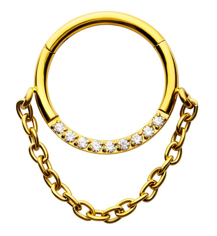 Gold PVD Pave Clear CZ Dangle Chain Stainless Steel Hinged Segment Ring