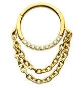 Gold PVD Pave Clear CZ Dual Dangle Chain Stainless Steel Hinged Segment Ring