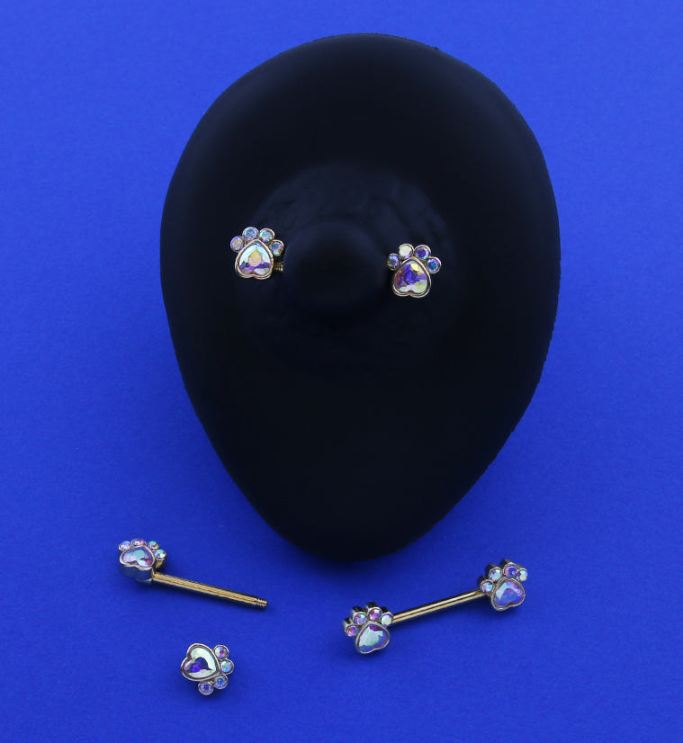 Gold PVD Paw Print Rainbow Aurora CZ Stainless Steel Nipple Barbell