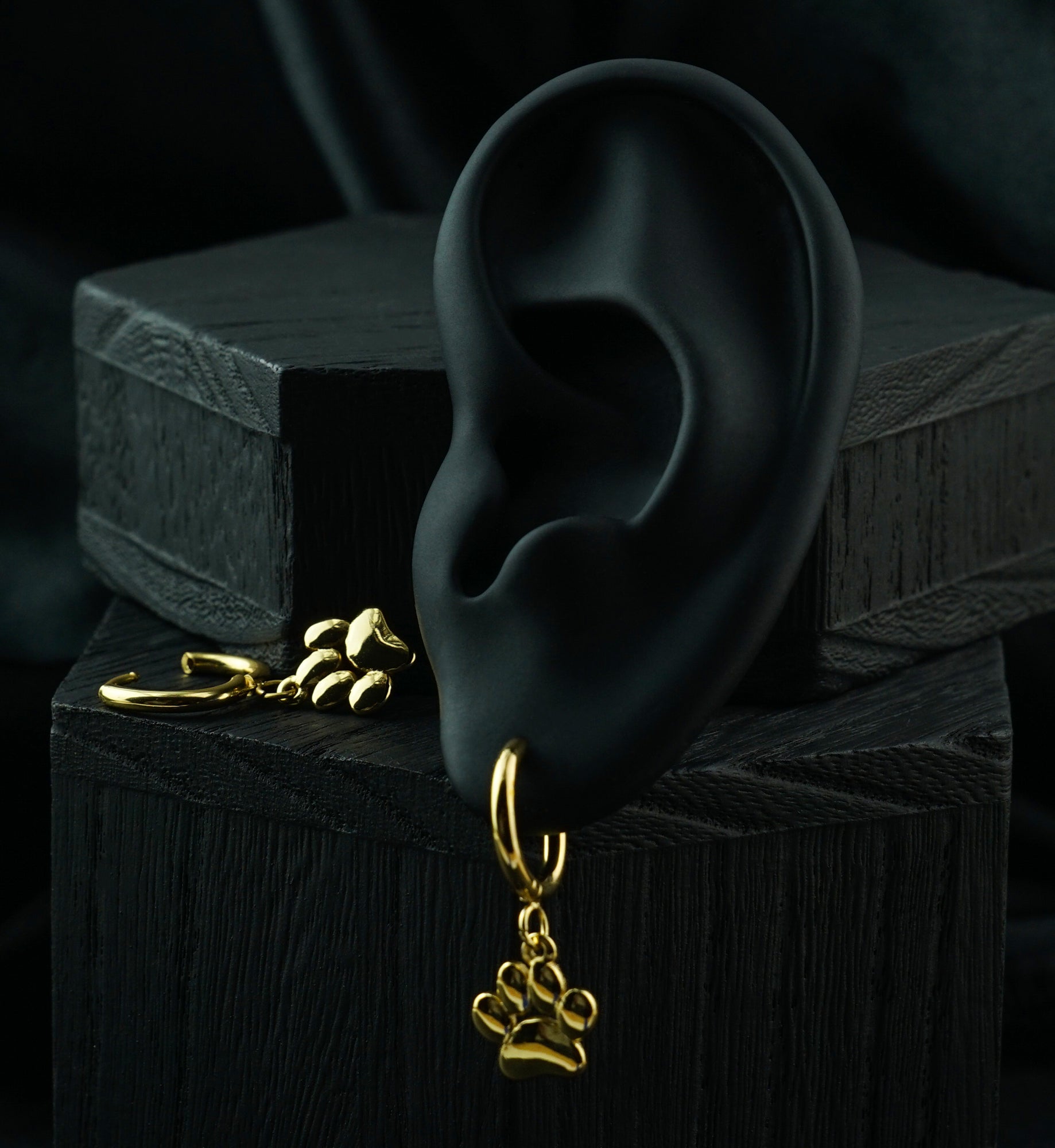 Gold PVD Paw Print Stainless Steel Hinged Hoop Huggie Dangle Earrings