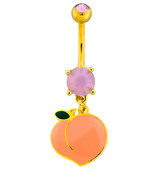 Gold PVD Peach Rose Quartz Dangle Stainless Steel Belly Button Ring