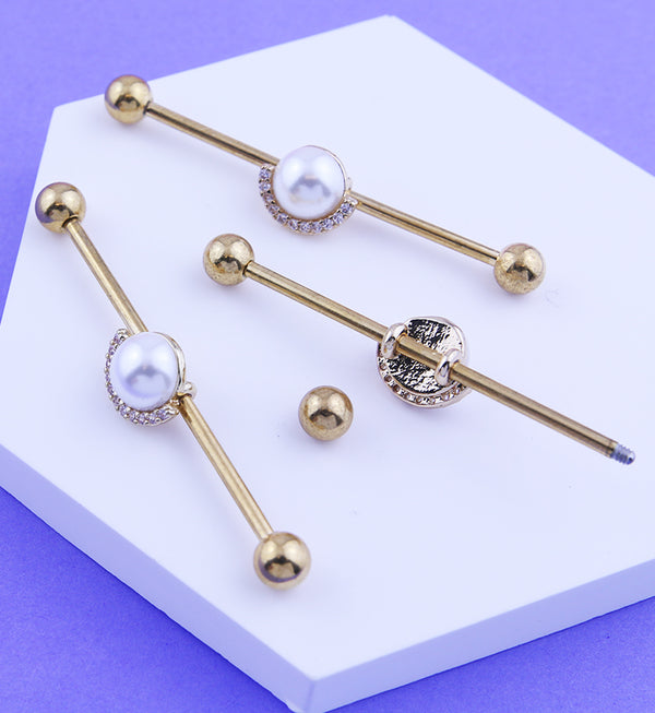Gold PVD Pearl Clear CZ Rim Stainless Steel Industrial Barbell
