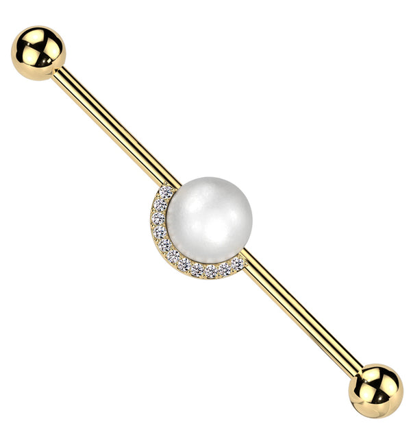 Gold PVD Pearl Clear CZ Rim Stainless Steel Industrial Barbell