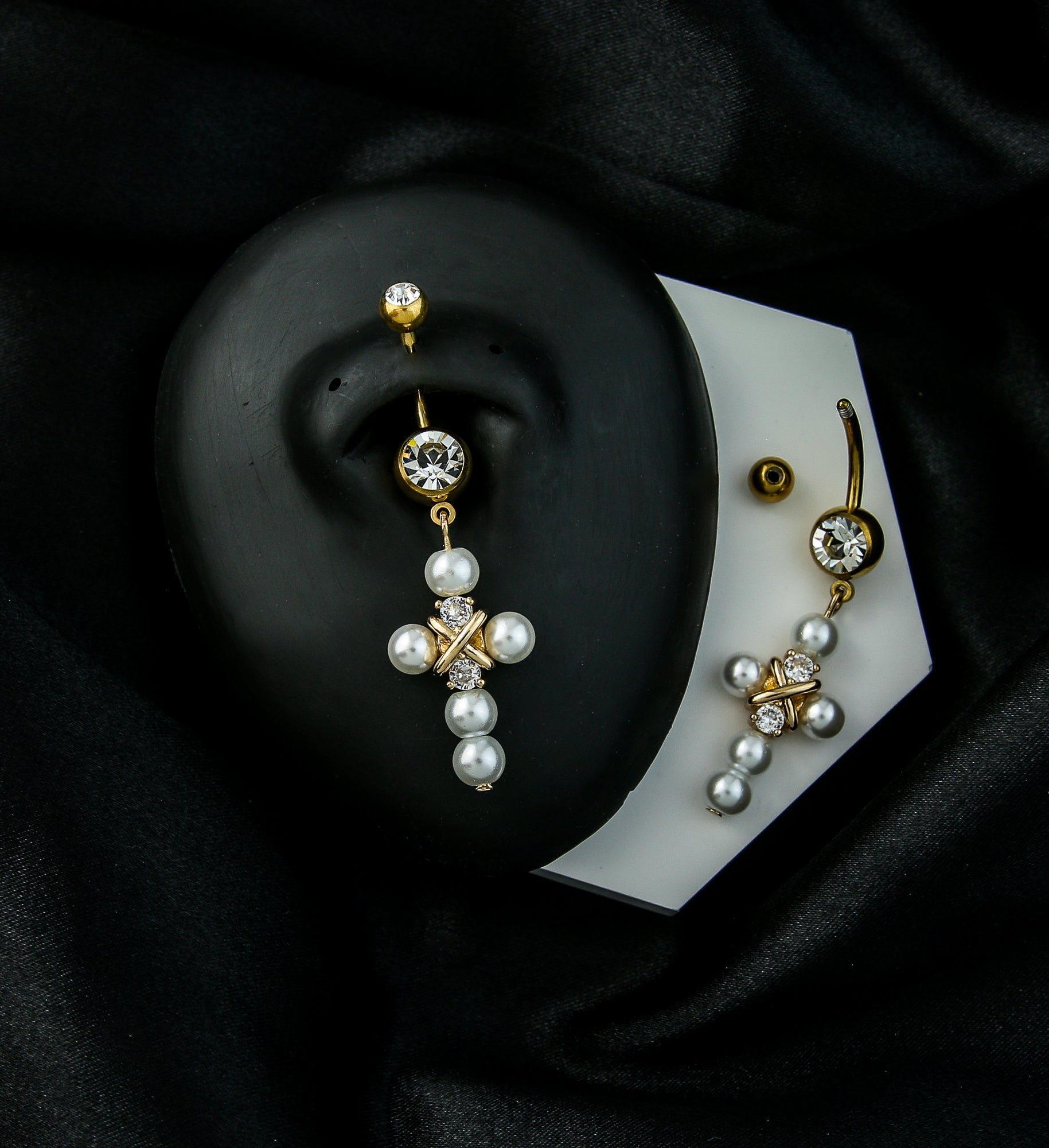 Gold PVD Pearl Cross CZ Dangle Stainless Steel Belly Button Ring