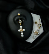 Gold PVD Pearl Cross CZ Dangle Stainless Steel Belly Button Ring