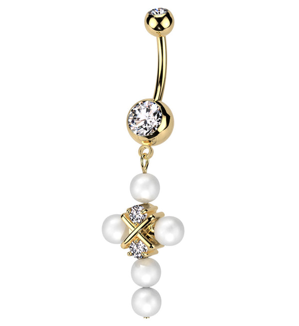 Gold PVD Pearl Cross CZ Dangle Stainless Steel Belly Button Ring