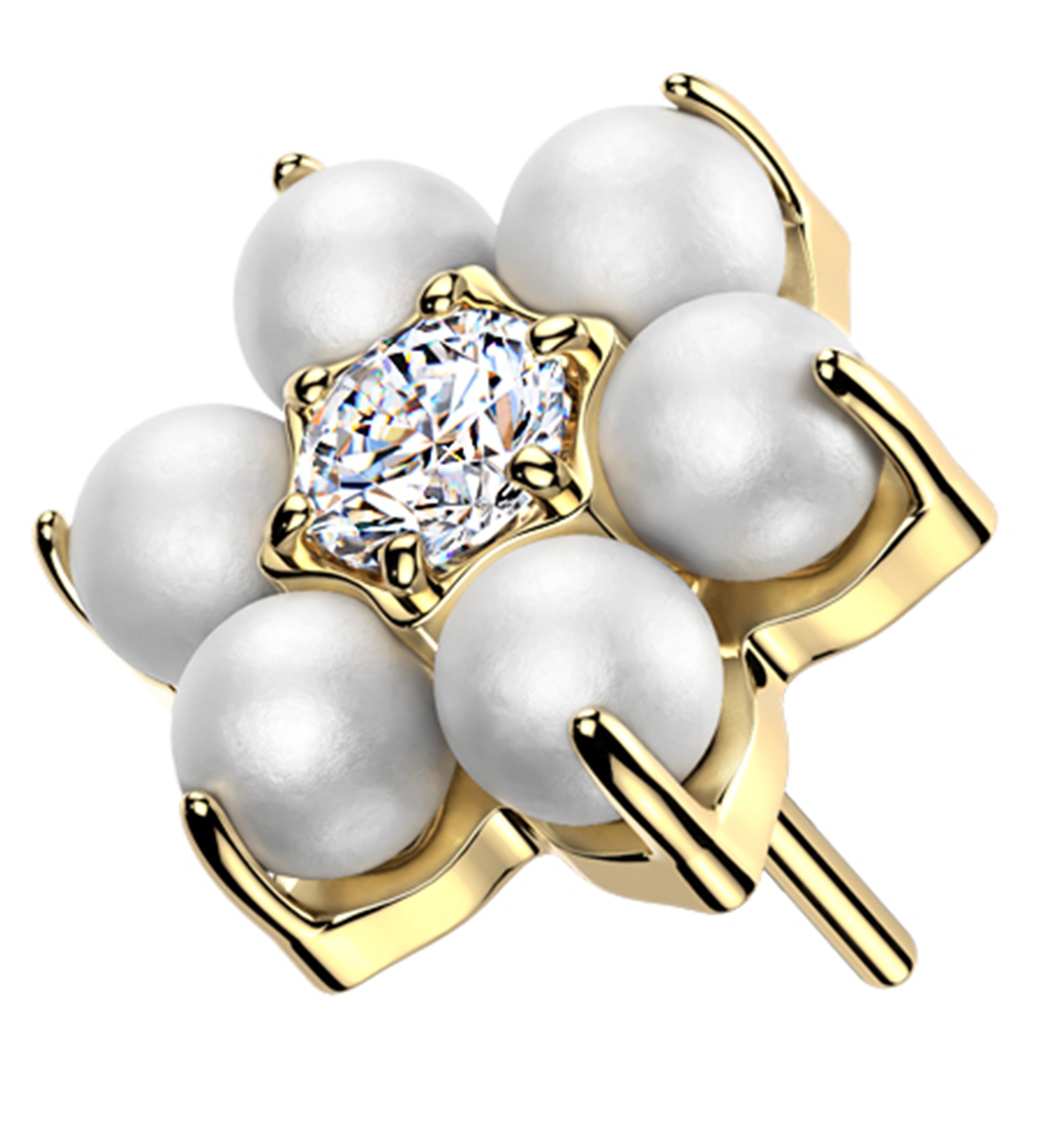 Gold PVD Pearl Flower Clear CZ Titanium Threadless Top
