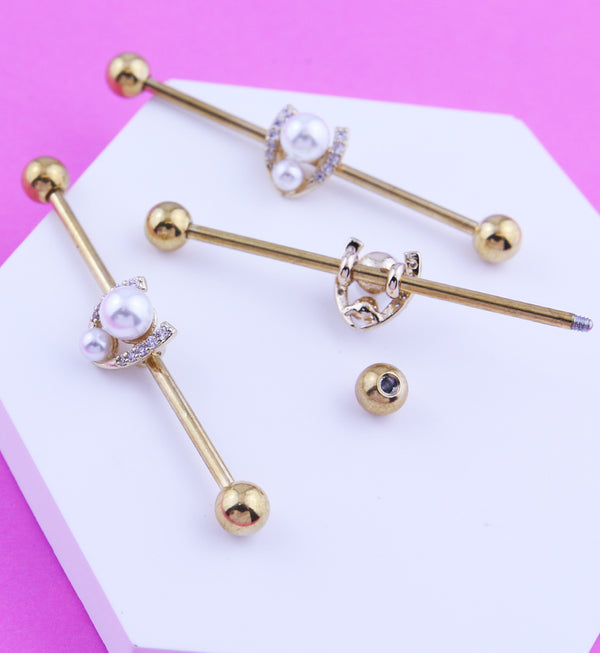 Gold PVD Pearl Horseshoe Clear CZ Stainless Steel Industrial Barbell